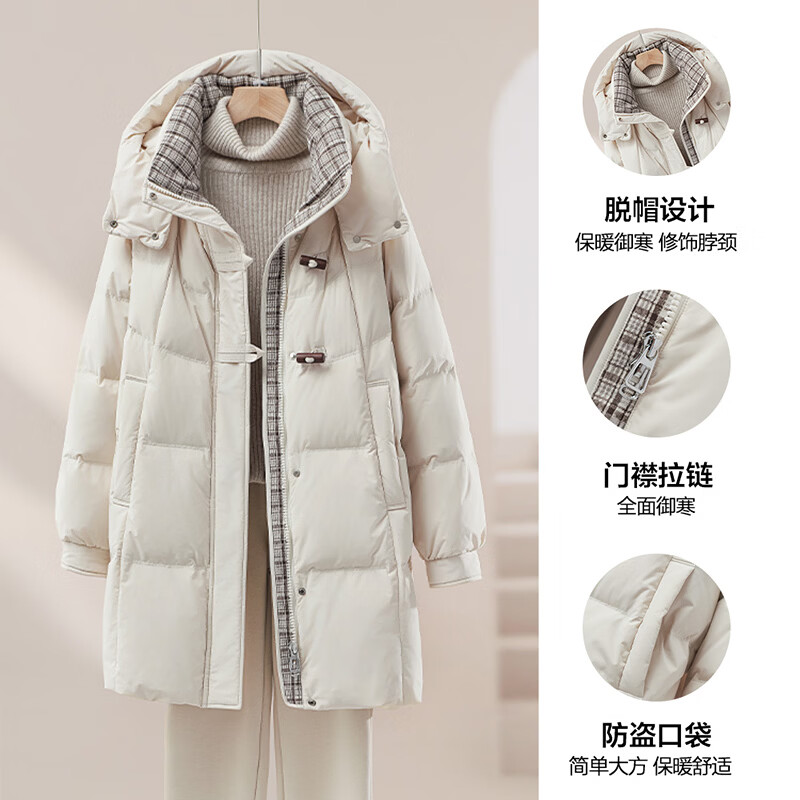 Yalu Down Jacket Women's Plaid Mid-Length Thick Warm Hooded Warm Cold Casual Western Style Fashionable Winter Jacket Black S Recommended 90-105 catties