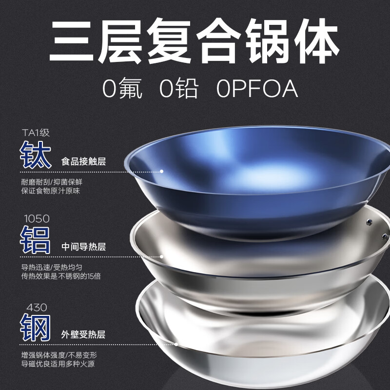 TADO titanium bucket titanium pot pure titanium wok uncoated frying pan frying pan gas induction cooker universal wok New Year gift for 2-4 people recommended large bottom all-steel handle free glass pot lid 30cm