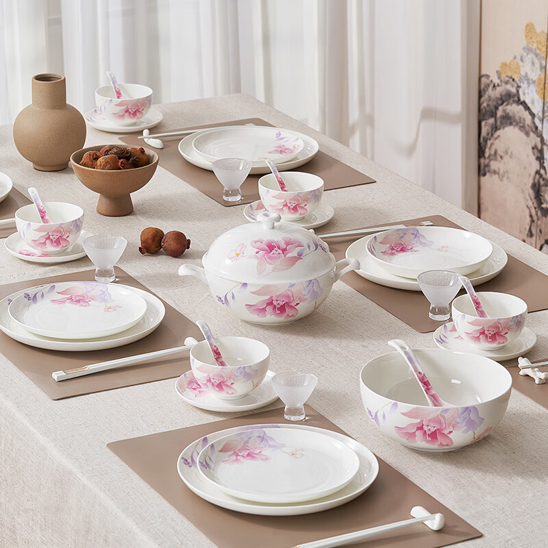 Huaguang National Porcelain Bowl and Plate Tableware Set Antibacterial Bone China Tableware and Dish Set Housewarming and Wedding Gift Flowers and Full Moon Suitable for 4 people Antibacterial Gift Box 22 pieces