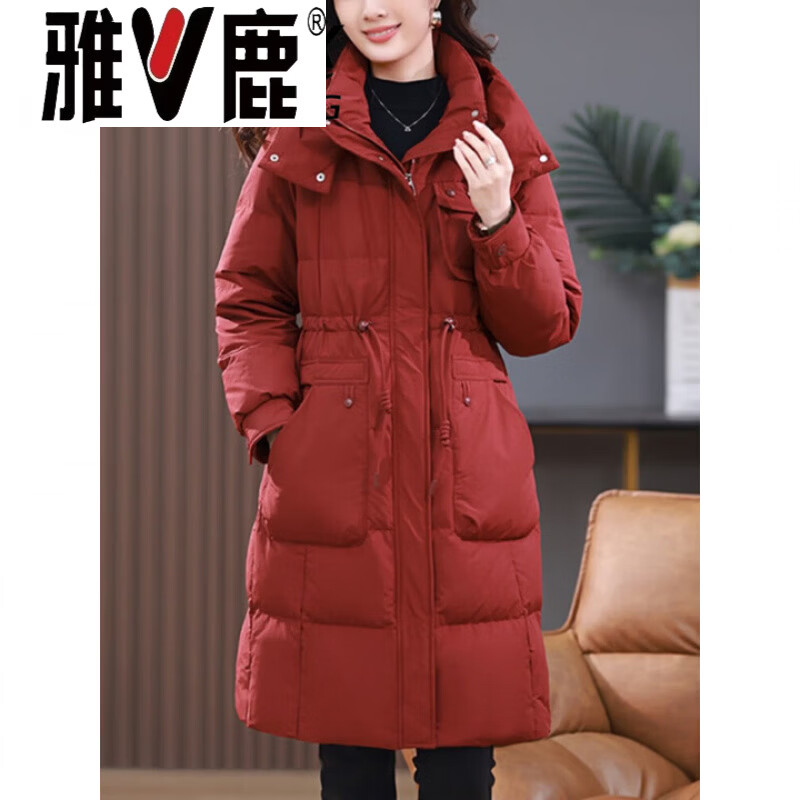 Yalu mid-length down jacket for women 2026 new winter red Hangzhou high-end mother white duck down hooded winter jacket gray L suitable for about 115-125 pounds