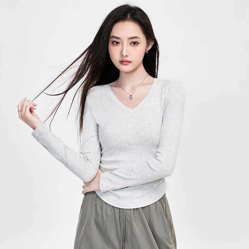 NOMENOMe long-sleeved t-shirt women's new V-neck pleated inner t-shirt slim right shoulder bottoming shirt white M