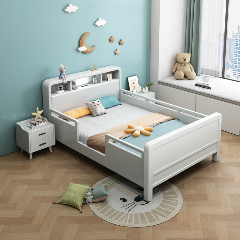 Children's solid wood bed with guardrails dormitory student single bed 1.5 meters simple small apartment bedroom bed with lights solid wood single bed door-to-door delivery 1.5 meters * 2.0 meters frame structure