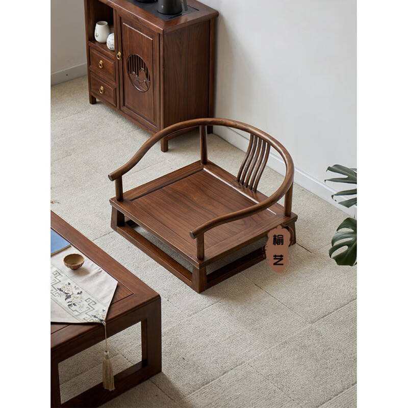 He Jiagong solid wood new Chinese style tatami chair low chair bay window chair Japanese style balcony meditation chair legless back chair tea table chair solid wood color sitting height 15 free seat cushion complete set