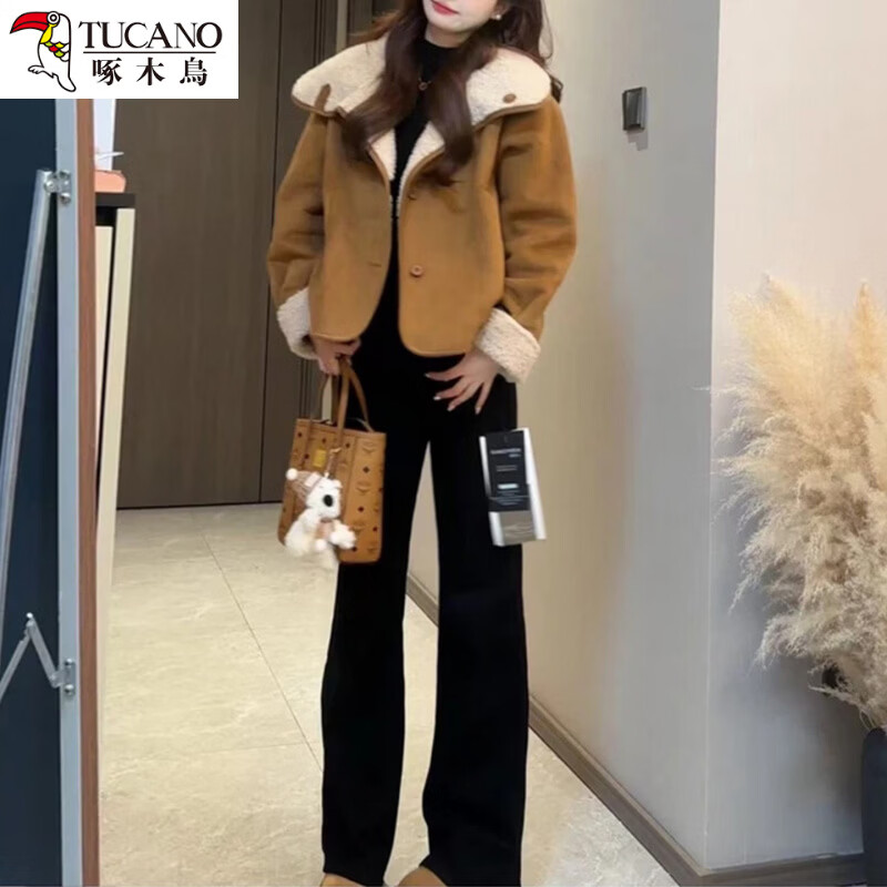 Woodpecker reversible fur one-piece short coat for women in winter old money style retro thickened warm large lapel fur top M recommended 80-catties