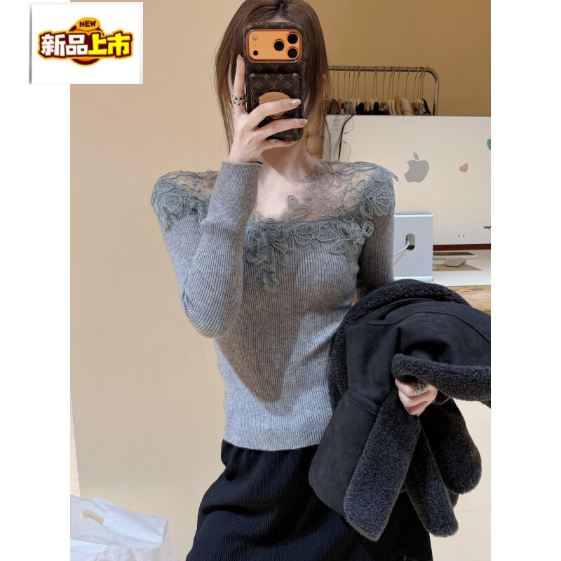 Chu Jing French gray lace splicing knitted bottoming shirt for women in autumn and winter, light and luxurious inner wear, beautiful temperament, gray, very beautiful early autumn outfit/unique and beautiful/women's clothing 2025 new style M 95-105 pounds