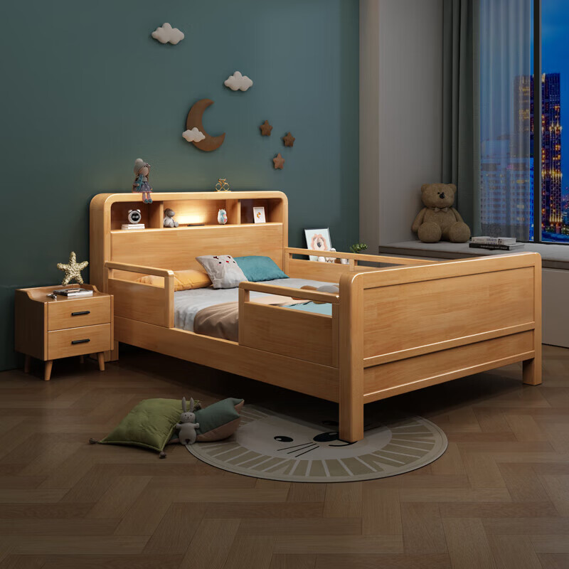 Children's solid wood bed with guardrails dormitory student single bed 1.5 meters simple small apartment bedroom bed with lights solid wood single bed door-to-door delivery 1.5 meters * 2.0 meters frame structure