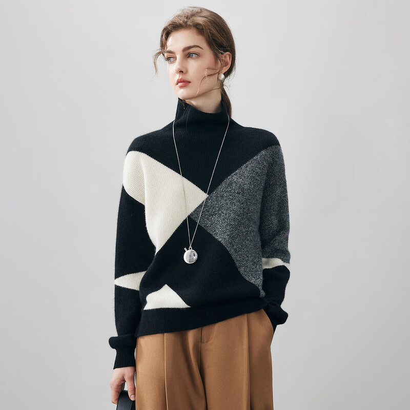 Komenboca 2025 autumn and winter new color block splicing cashmere sweater women's turtleneck sweater loose bottoming sweater midnight black XL