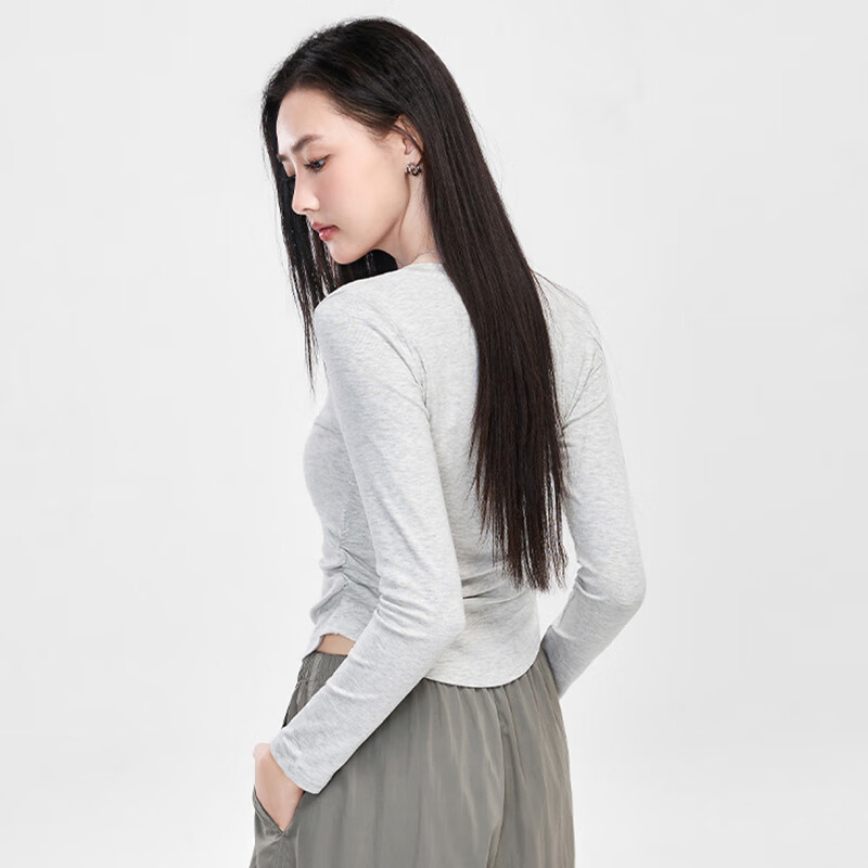 NOMENOMe long-sleeved t-shirt women's new V-neck pleated inner t-shirt slim right shoulder bottoming shirt white M