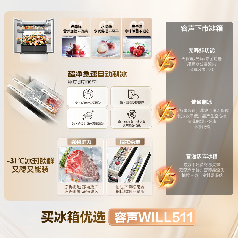 Rongsheng World Cup customized WILL Fresh 511L French multi-door refrigerator dual system ultra-thin embedded first-level energy efficiency automatic ice making BCD-511W60FZNAD national subsidy