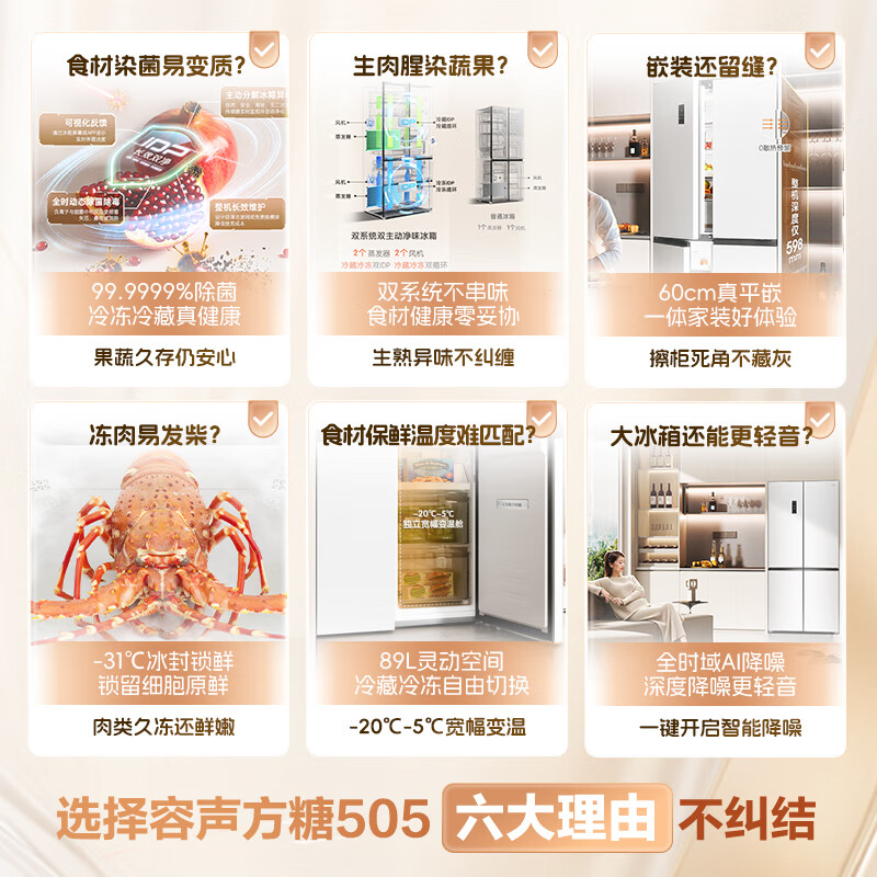 Rongsheng Tangtang 505L cross-door refrigerator dual-system circulation active sterilization ultra-thin embedded first-class energy efficiency frost-free large capacity gray BCD-505P60CZMAD national subsidy BCD-505P60CZMAD white