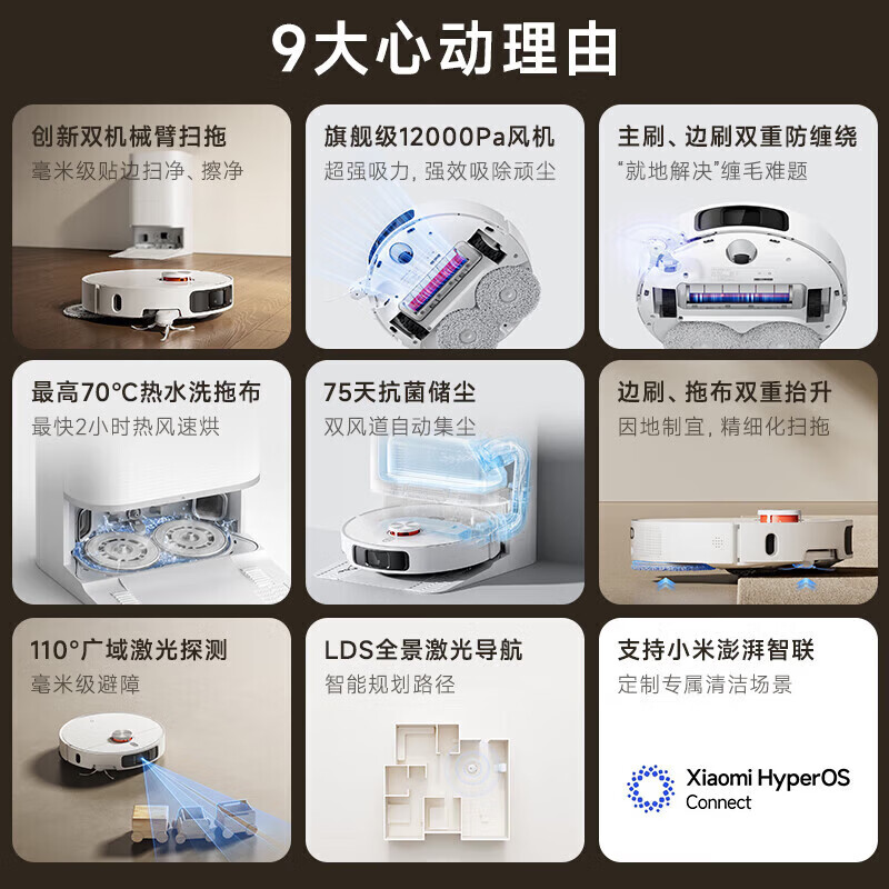 Mijia Xiaomi Sweeping and Mopping Robot M40 Home Sweeping, Mopping, Washing and Drying Machine Automatic Dust Collection Hot Water Washing and Mopping Hot Air Drying Bionic Dual Robotic Arms Hair Cutting and Anti-Tangle Mijia Sweeping and Mopping Robot M40-Water Tank Version
