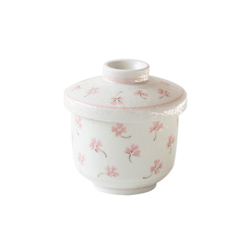 OGBI imported from Japan, Mino-yaki sakura and Chinese herbal tea bowl, Japanese-style steamed egg bowl, stew pot for one person with lid to separate steamed soup, red-painted flower covered bowl * one piece (comes with wooden spoon)