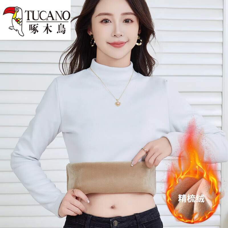 Woodpecker (TUCANO) velvet bottoming shirt for women, half turtleneck, thickened lining, combed velvet winter stand-up collar, slim slimming warm top for women, brown L, velvet style, 100-110 pounds to wear