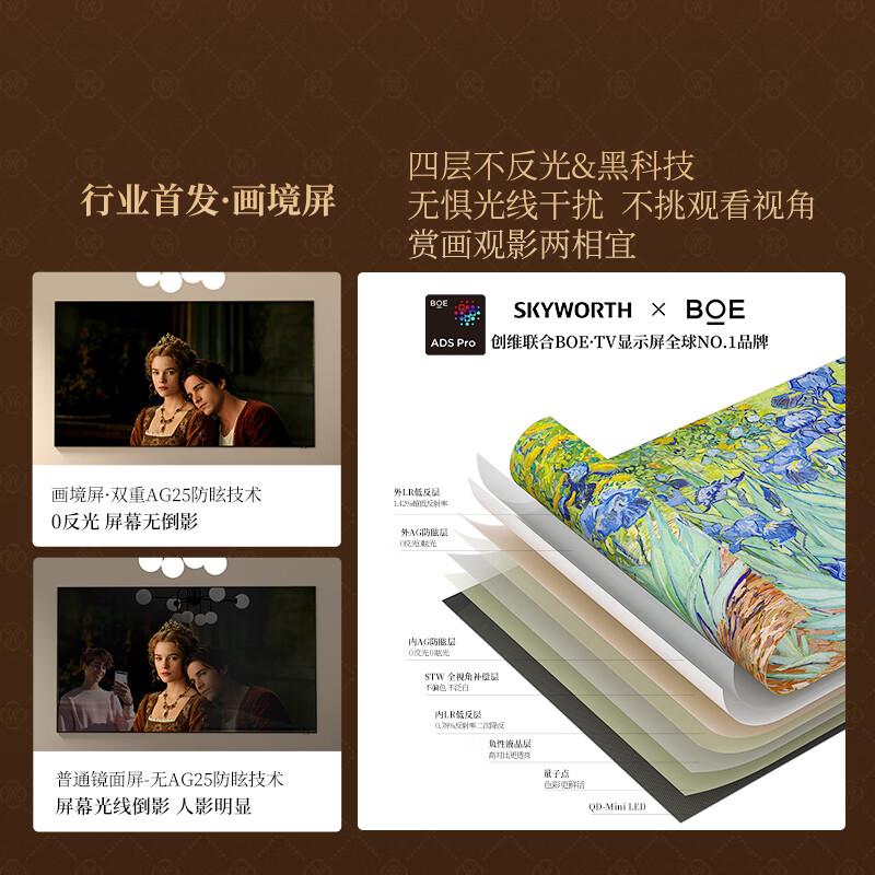 Skyworth TV 75A7H 75-inch art wallpaper TV Mini LED 3.9cm ultra-thin seamless wall-mounted flat-screen TV home appliances national subsidy A7F upgrade model