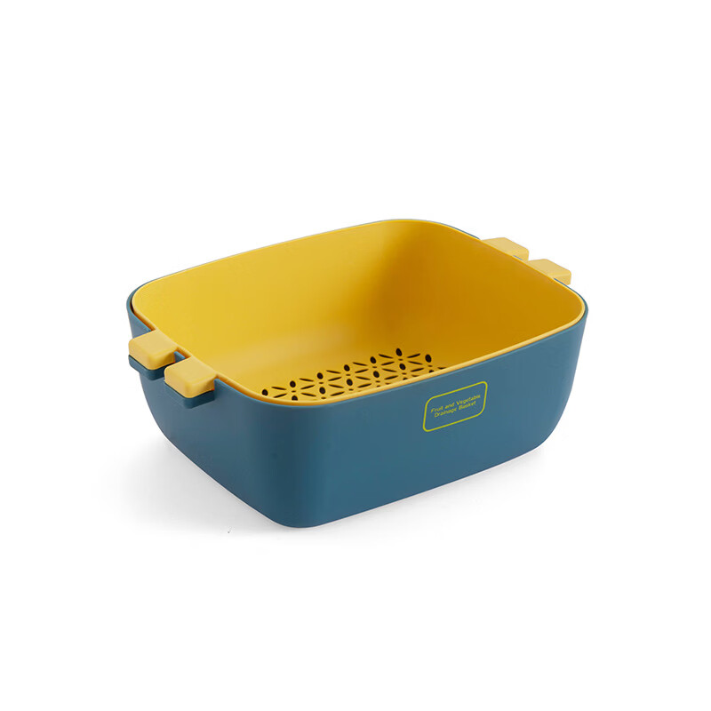 Qinhuo Nordic drain basket creative home kitchen double-layer multi-functional contrasting color thickened fruit basin storage basket vegetable basin light blue large size