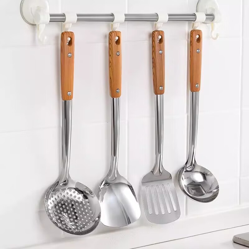 Stainless steel kitchenware spatula, frying spatula, soup spoon, colander, thickened spoon set, household kitchen supplies, special for cooking, thickened anti-scalding spatula + soup spoon + colander
