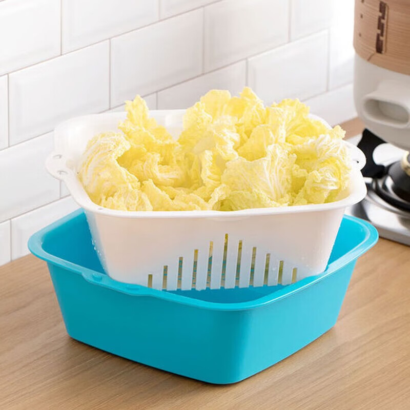 Camellia vegetable washing basket, drain basket, strainer, double-layer dual-purpose fruit and vegetable drain strainer, strainer basket, fruit plate, large and medium sizes available, green, medium size 1161