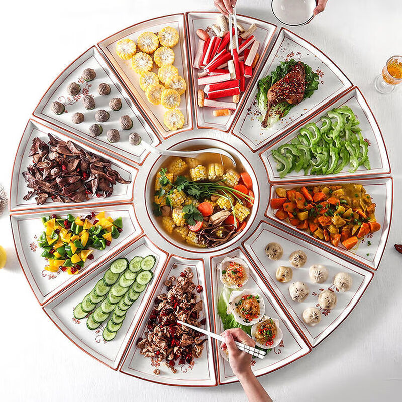 Hualeji Plate Set Platter 10 Plate Dinner Plate Round Table Reunion Plate Dinner Plate Set Household Tableware Brown Flower Shape 60cm 8 Plates + Tai Chi Plate