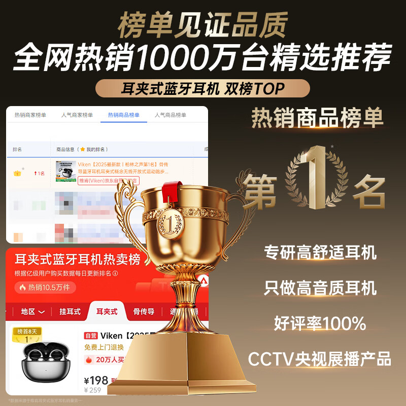 Viken 2025 latest model丨No. 1 in the Voice of Berlin Bone conduction Bluetooth headset ear clip type concept wireless open sports running super long battery life does not enter the ear hook