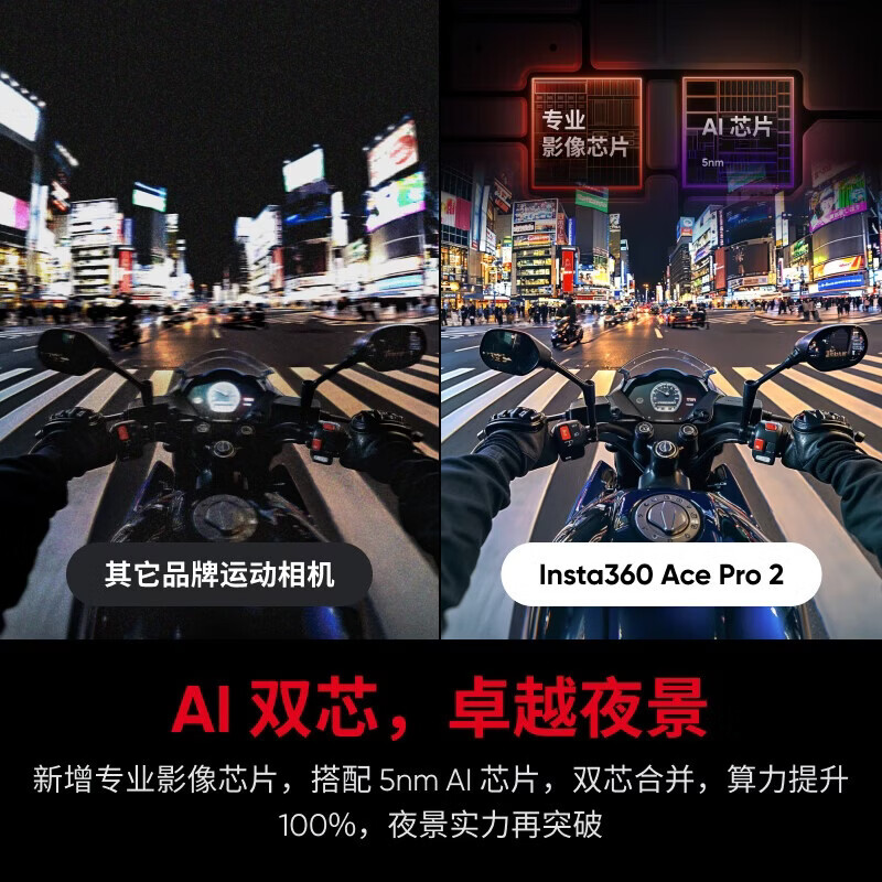 Insta360 Ace Pro 2 Flagship Image Action Camera AI Intelligent Anti-Shake Motorcycle Cycling Vlog Extreme Night Black Dual Battery Version Motorcycle Riding Set