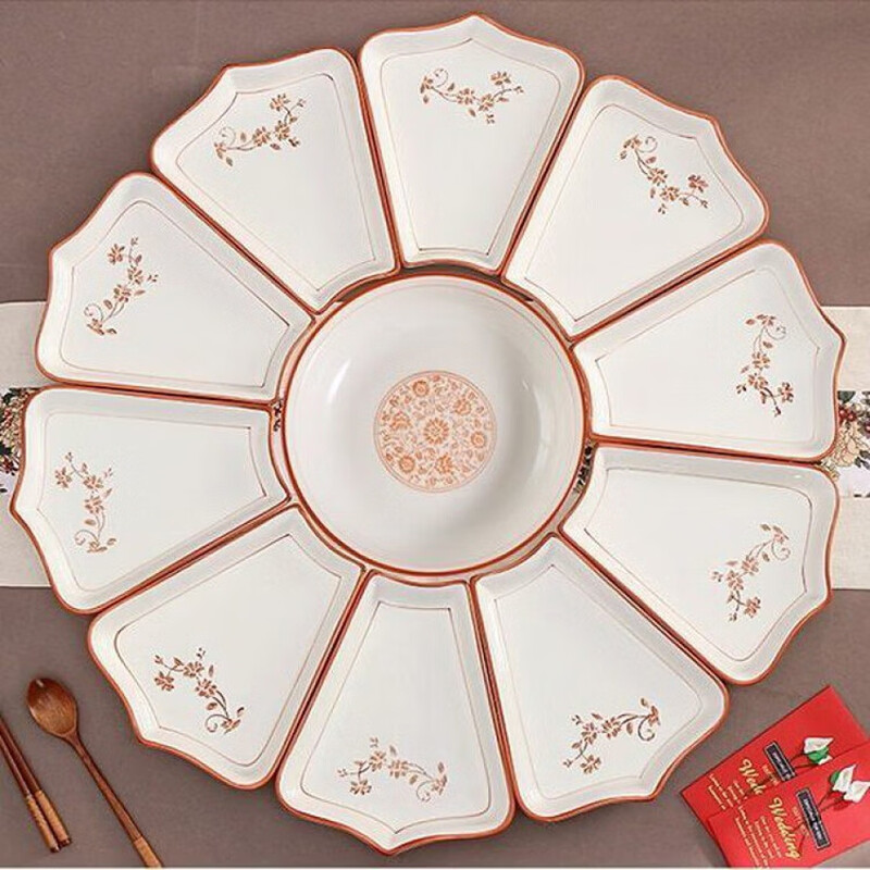 Hualeji Plate Set Platter 10 Plate Dinner Plate Round Table Reunion Plate Dinner Plate Set Household Tableware Brown Flower Shape 60cm 8 Plates + Tai Chi Plate