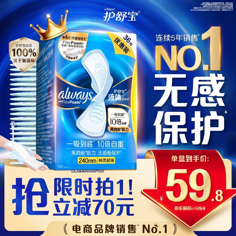 Hushubao NO.1 sanitary napkin liquid sanitary napkin daily use 240mm 36 pieces aunt napkin non-sensory protection Jingdong self-operated
