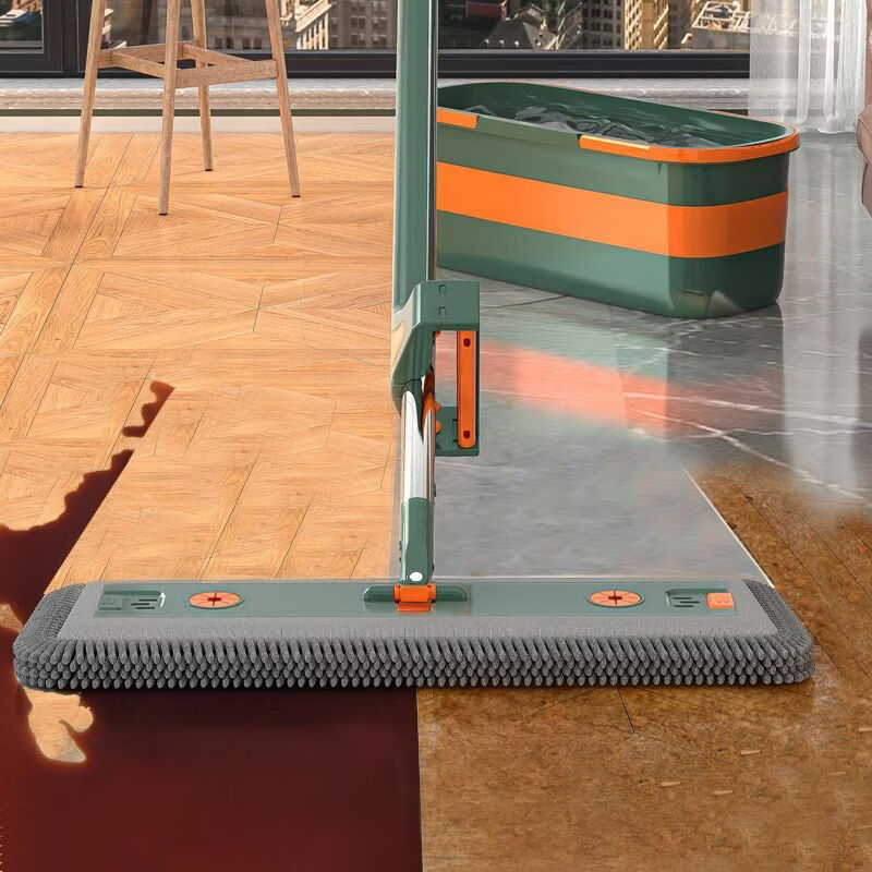 Mop set with bucket chenille hands-free flat mop household lazy one mop dry and wet dual-use long-hair absorbent mop mop orange green-chenille 45CM panel + extension rod 4 replacement cloths chenille