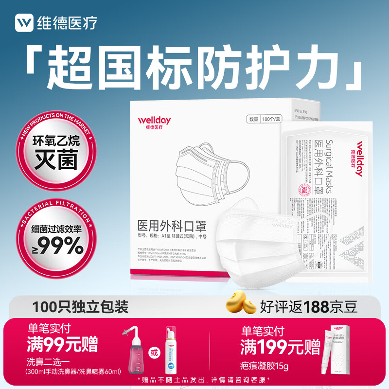 WELLDAY disposable medical surgical masks 100 pieces individually packed white anti-sand dust warm anti-rhinitis allergy sterilization grade