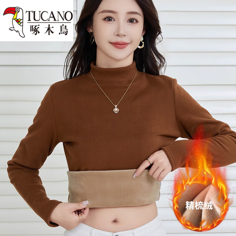 Woodpecker (TUCANO) velvet bottoming shirt for women, half turtleneck, thickened lining, combed velvet winter stand-up collar, slim slimming warm top for women, brown L, velvet style, 100-110 pounds to wear