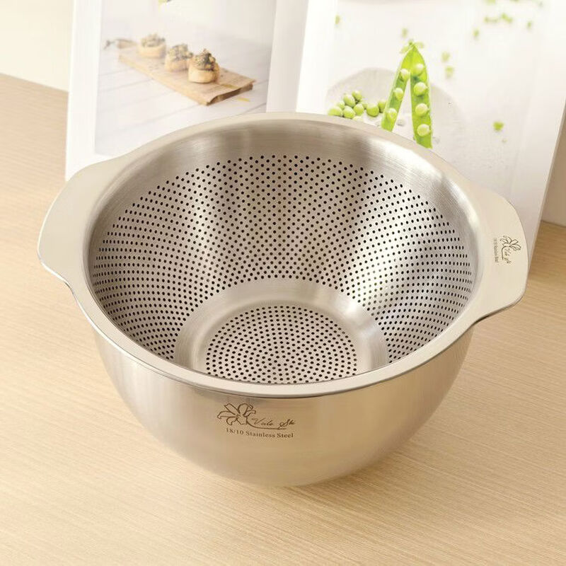 Ronghua Schwerox 1810 stainless steel drain basket vegetable sink fruit basin kitchen household vegetable and fruit drain two-piece set 24cm salad bowl with double-ear drain basket