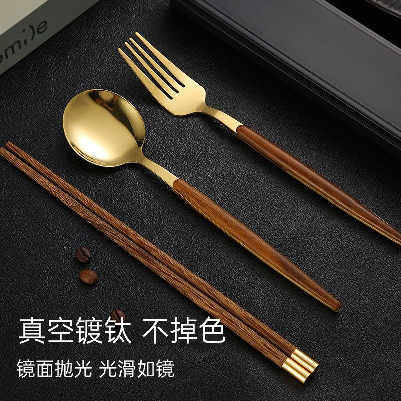 Tuojin Germany imported quality chopsticks and spoon set food grade stainless steel portable tableware student storage box fork gold 3-piece set (round chopsticks + spoon + cutlery box) comes with a portable bag