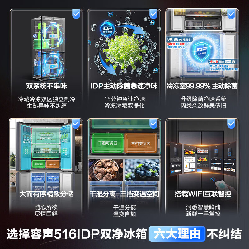 Rongsheng 516 liter double purifier dual system cross-open four-door refrigerator household first-class energy efficiency air-cooled frost-free BCD-516WD1FPA gray 526 cross model national subsidy 20% (grey) new product 516+IDP negative ion sterilization, detoxification and odor + dual system