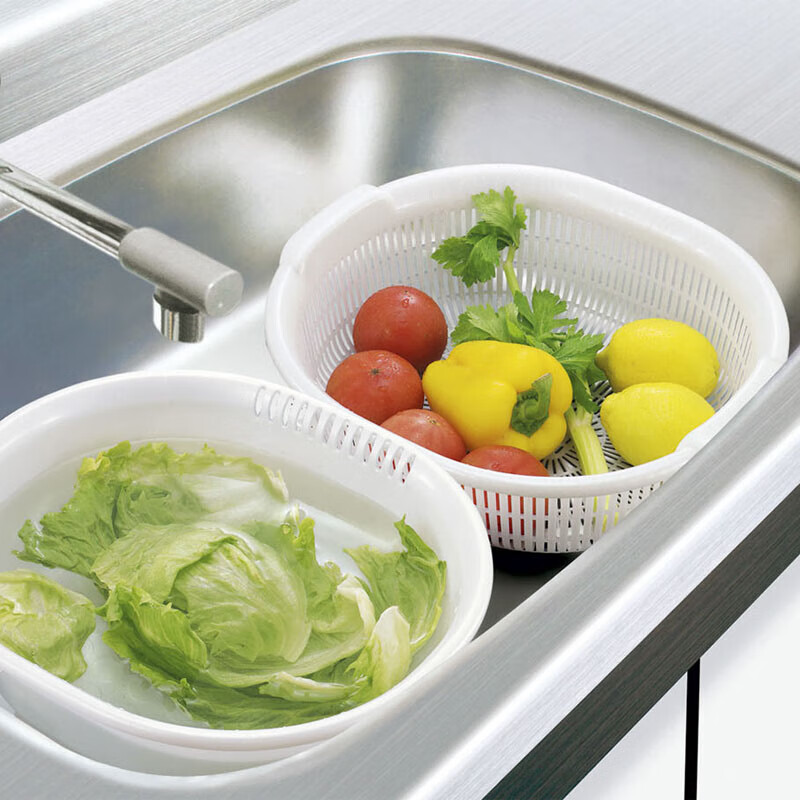 Sungsa Japan imported double-layer plastic sink large vegetable basket fruit basket kitchen hollow draining dish storage basket white set (basin + drain basket)