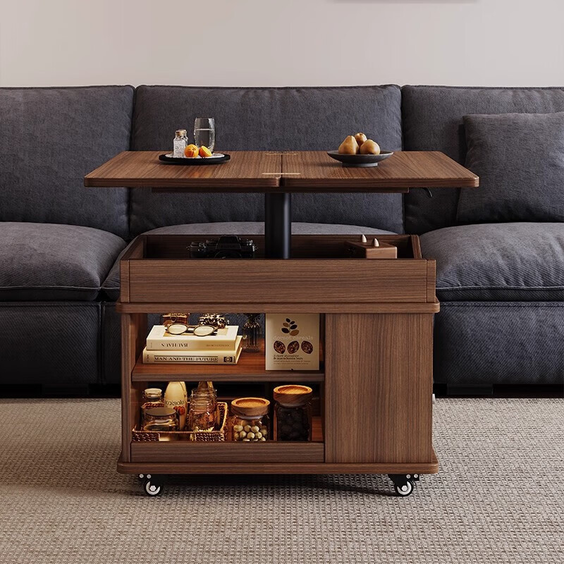 Jingxi Selection Solid Wood Folding Lift Coffee Table Small Apartment Living Room Sofa Side Cabinet Side Table Multi-Function Tea Table Walnut Color