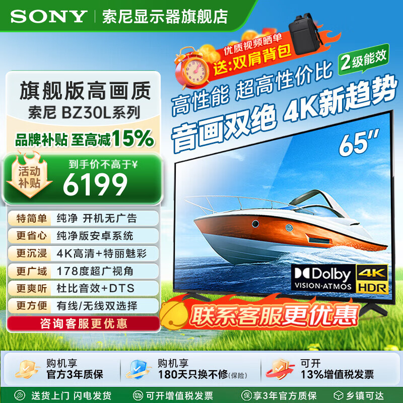 Sony TV monitor 65-inch flat-panel TV advertising conference machine large-screen LCD 4K ultra-high-definition smart wireless projection FW-65BZ30L 65-inch door installation + wall mount