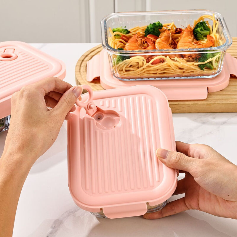 Yong Huan's new pull-tab cloud glass lunch box, microwave heating special crisper box for office workers, separated lunch box with lid, pull-tab cloud striped lunch box pink, two-piece set, large length 2 compartments, large length 3 compartments, tableware bag