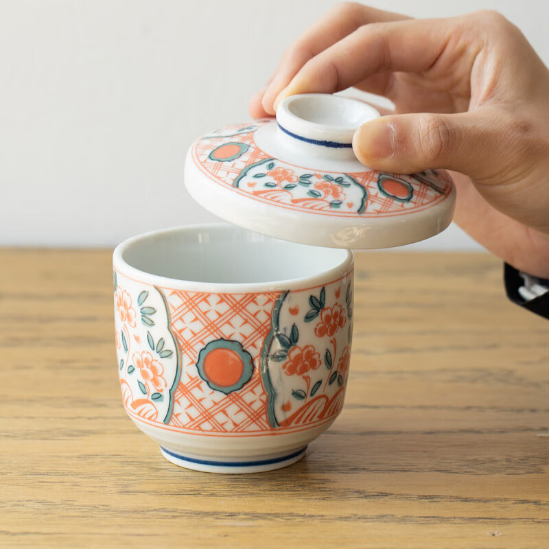 OGBI imported from Japan, Mino-yaki sakura and Chinese herbal tea bowl, Japanese-style steamed egg bowl, stew pot for one person with lid to separate steamed soup, red-painted flower covered bowl * one piece (comes with wooden spoon)