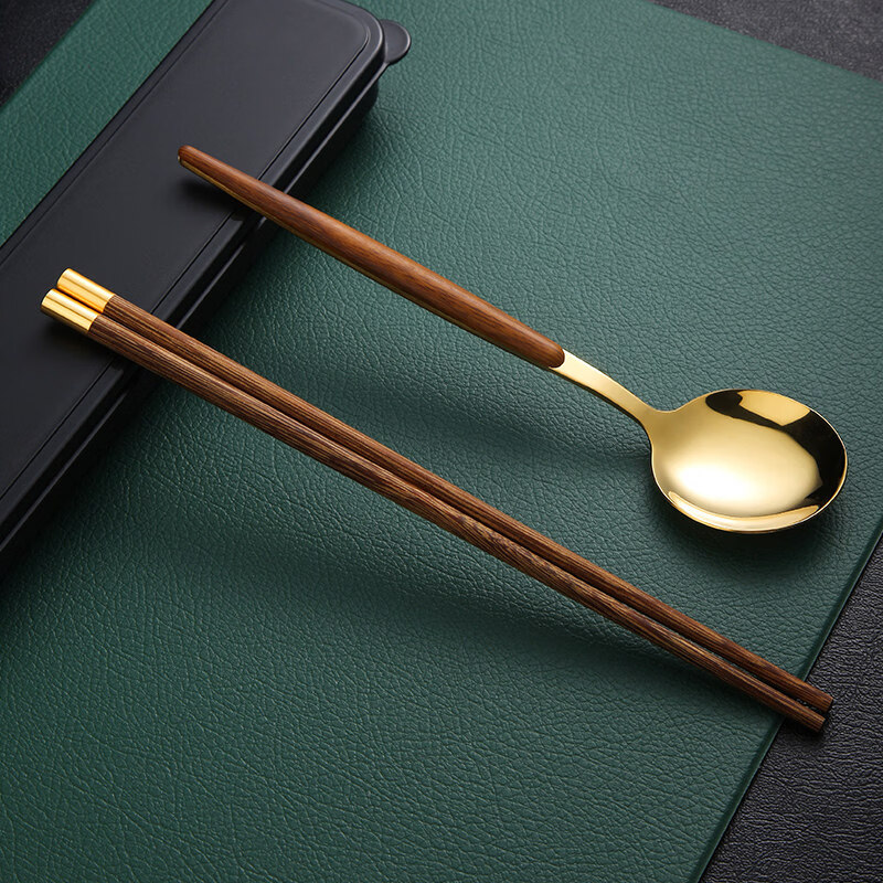 Tuojin Germany imported quality chopsticks and spoon set food grade stainless steel portable tableware student storage box fork gold 3-piece set (round chopsticks + spoon + cutlery box) comes with a portable bag