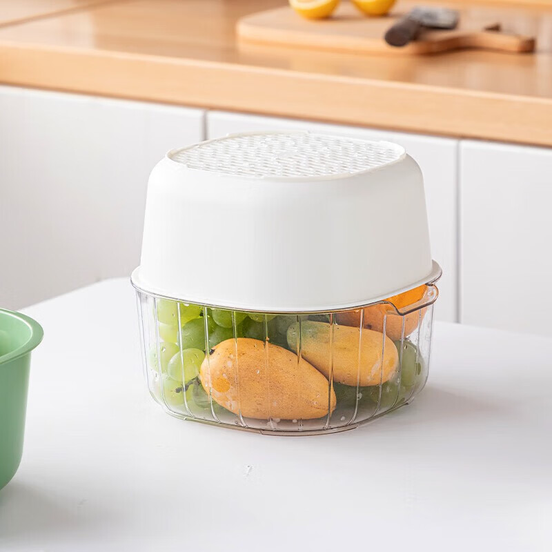 Sungsa vegetable sink drain basket kitchen double-layer vegetable basket storage basket filter water washing fruit artifact washing basin early summer white (2-piece basin sieve medium size)