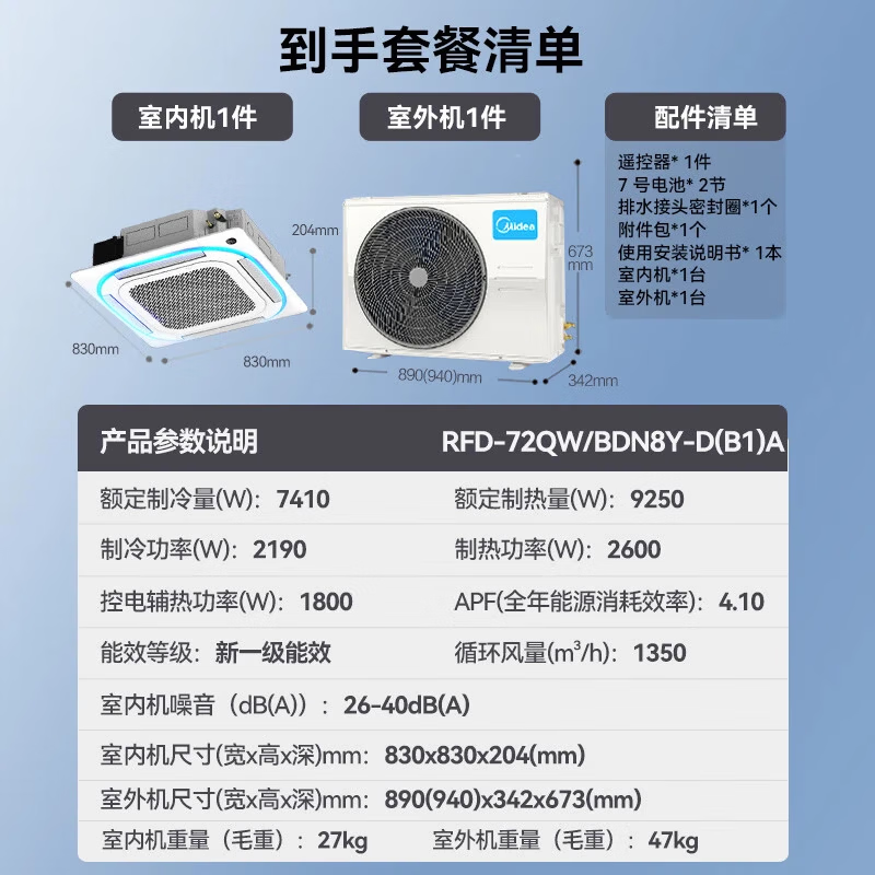 Midea 3-horse ceiling air conditioner, ceiling air conditioner, commercial central air conditioner, one-to-one ceiling air conditioner, first-level energy efficiency, power-saving subsidy 220V RFD-72QW/BDN8Y-D(B1)A 3 horses, same model, supports corporate transfer/price change