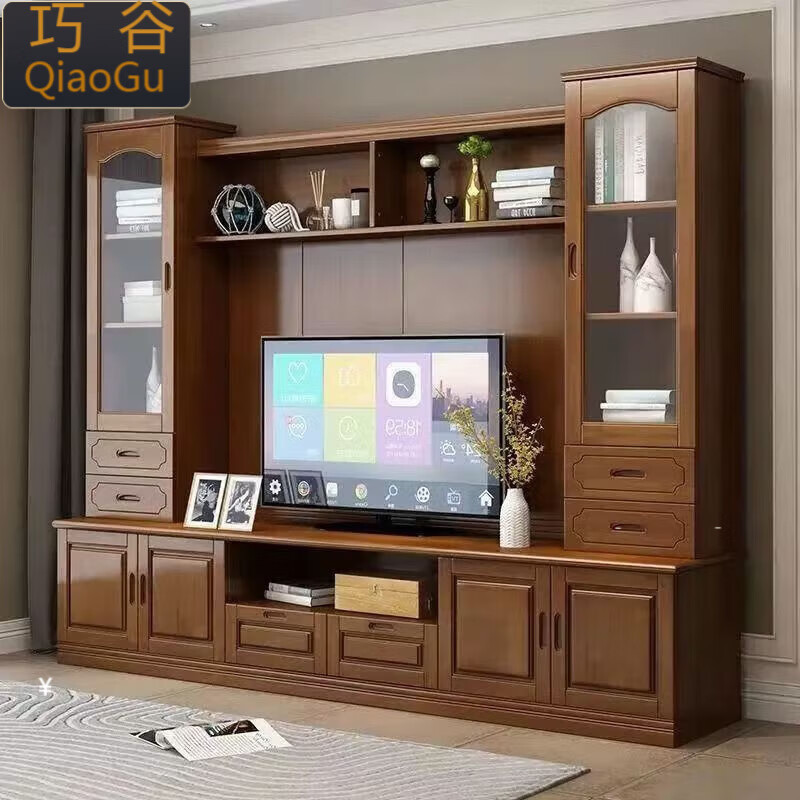 Qiaogu 2025 new new Chinese style solid wood TV cabinet living room wine cabinet multi-functional TV background cabinet film and television cabinet storage cabinet black walnut color 240cm*45cm*200cm