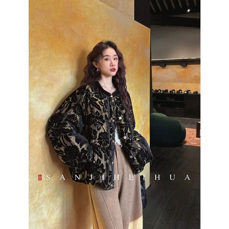 Sanji Heihua Sui Sui Huan New Chinese Style Gold Burnt Flower Down Jacket Women 2026 Huge Good-looking Winter Jacket Trend Green (90 White Duck Down) L
