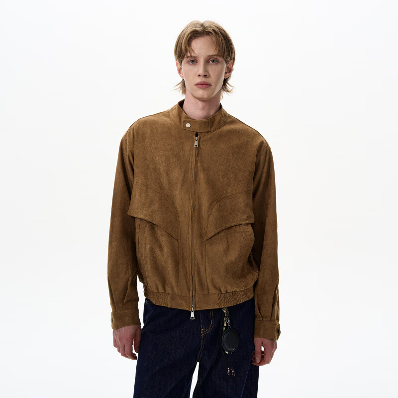 DEREJERINE retro Barn style suede stand collar work jacket for men and women, loose casual short style deconstructed jacket trendy Khaki L