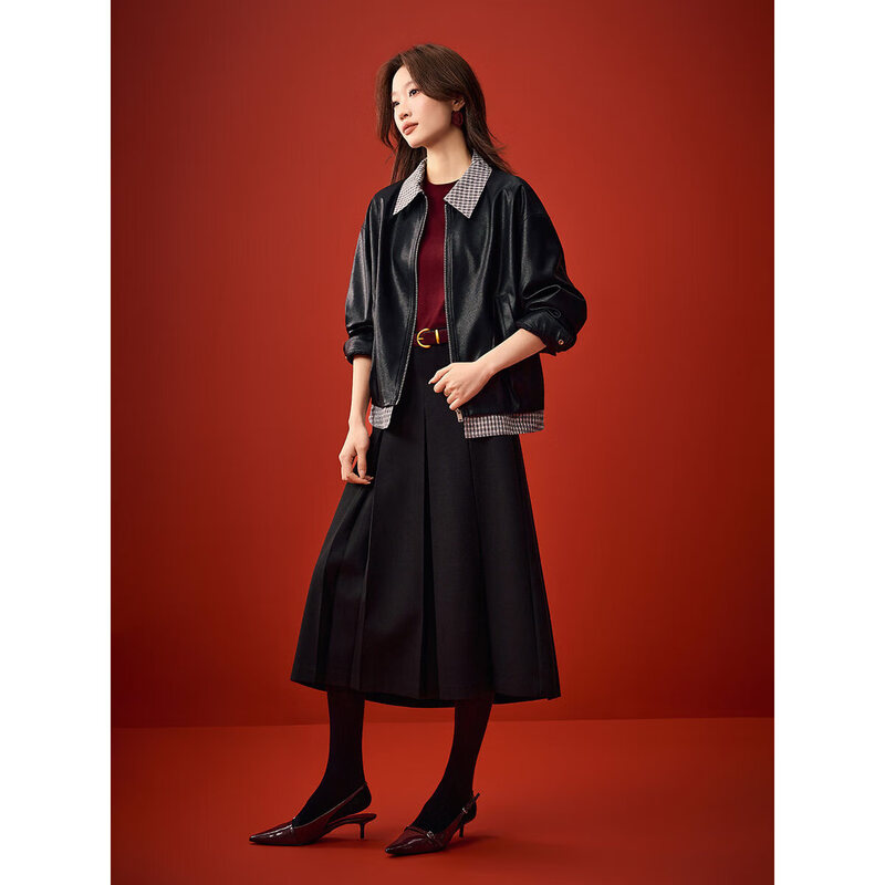 Mohan Yimei 2026 Spring New Style Cool Style Pattern Fake Two-piece Cocoon Shape Drop Shoulder Loose Short Leather Jacket for Women