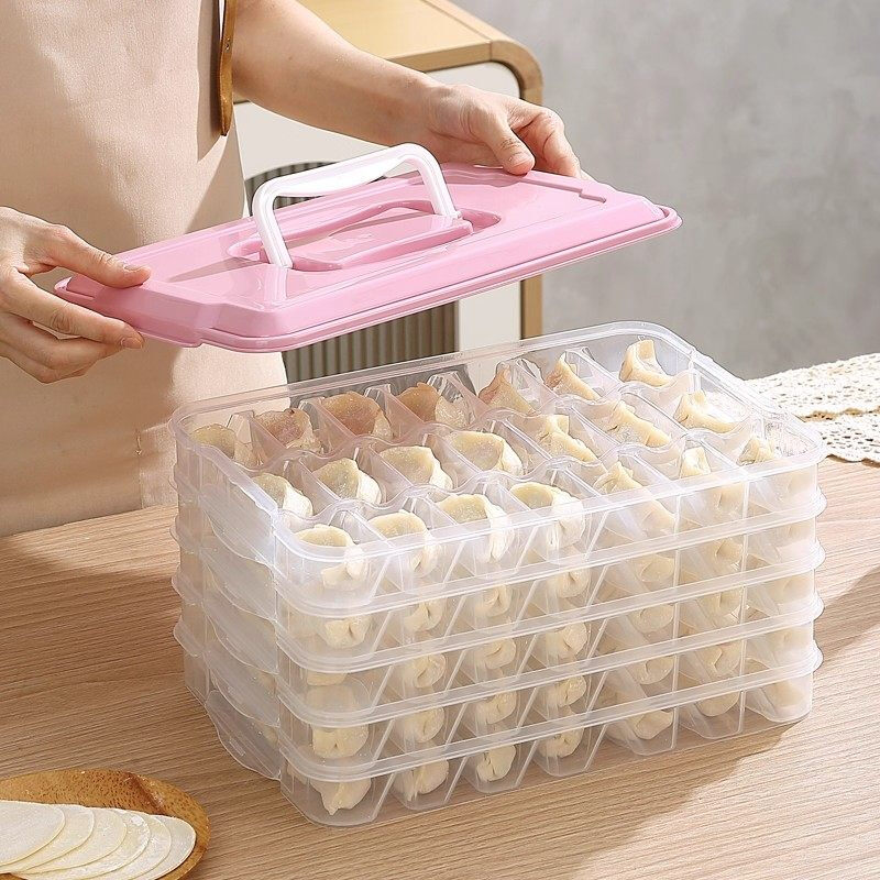 Jingxiang Dumpling Box Storage Box Frozen Fresh Box Refrigerator Special Food Quick Frozen Dumplings and Wontons Organizing Artifact Upgraded and Thickened Pink - 1 Layer 1 Cover 18 Grids