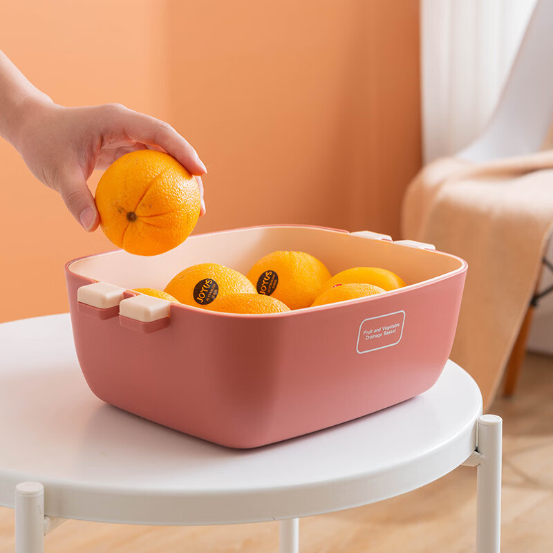Qinhuo Nordic drain basket creative home kitchen double-layer multi-functional contrasting color thickened fruit basin storage basket vegetable basin light blue large size