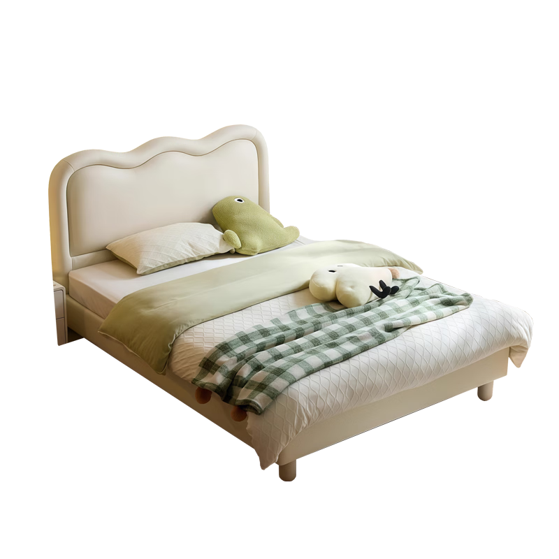Muyang brand cream style children's bed for girls and boys, wavy bedside with light, princess bed, wear-resistant leather single bed, 1.5m bed, solid wood pine bed board, bed + waist protector and spine protector, coconut palm mat, 1.2*2.0m frame structure