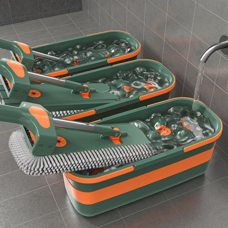 Mop set with bucket chenille hands-free flat mop household lazy one mop dry and wet dual-use long-hair absorbent mop mop orange green-chenille 45CM panel + extension rod 4 replacement cloths chenille