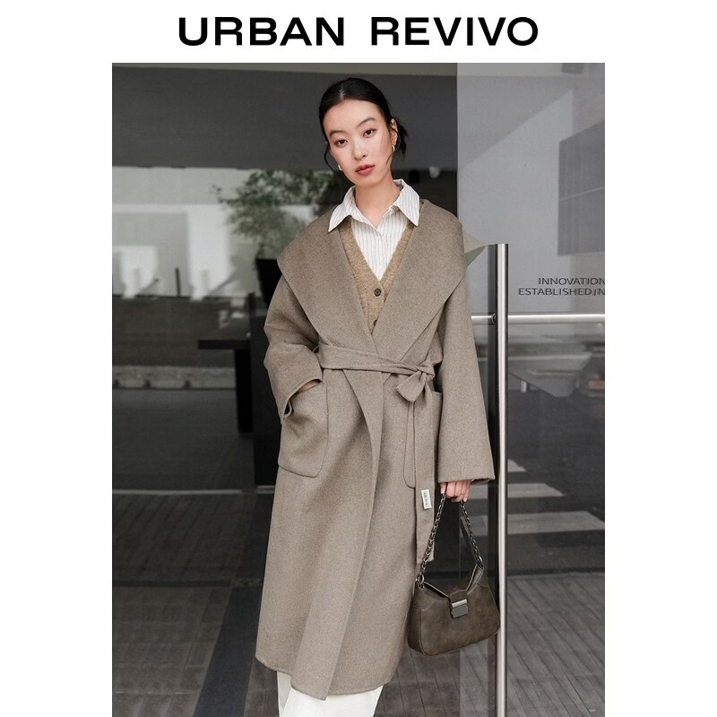 UR2025 new winter women's high-intellectual temperament hooded belt coat UWM150078 medium brown gray S