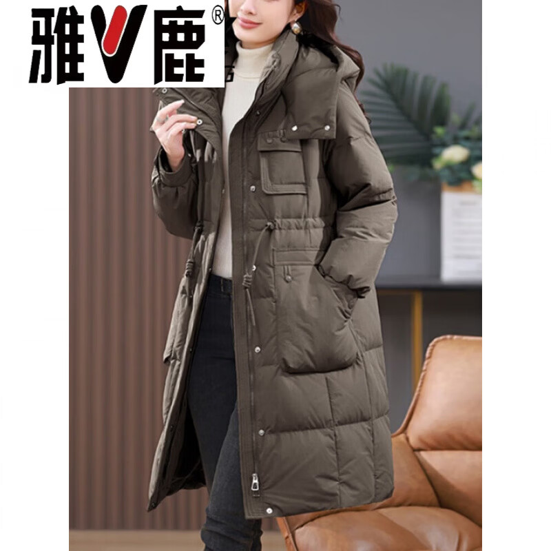 Yalu mid-length down jacket for women 2026 new winter red Hangzhou high-end mother white duck down hooded winter jacket gray L suitable for about 115-125 pounds